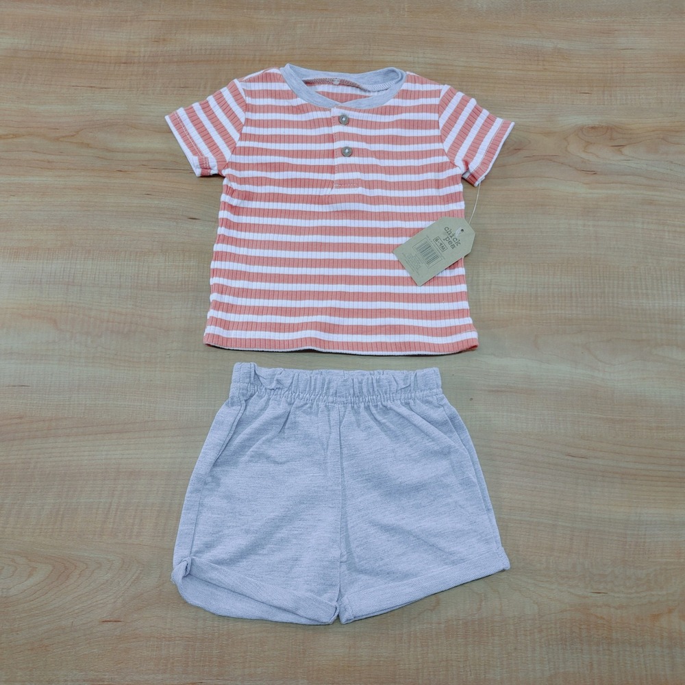 Chick Pea Baby Boys Orange Striped Henley Top and Grey Shorts Set 6-9M